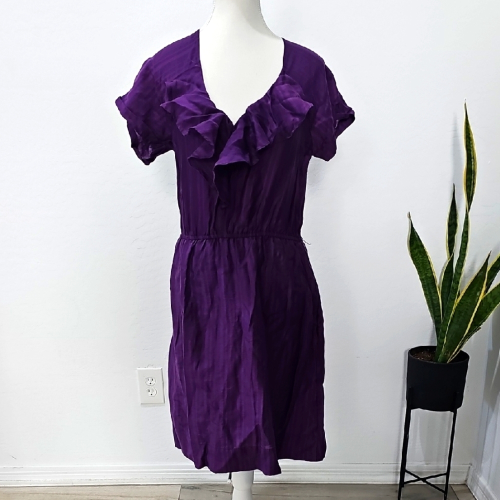 Purple Mini Sundress with Flutter Sleeves and V-Neck Slight Stripe